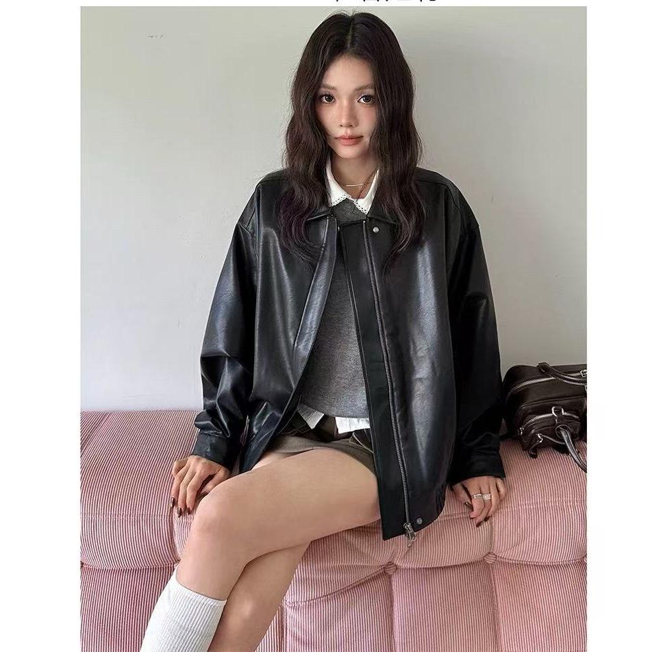 2025 Trendy American Retro Leather Jacket - Loose Fit for Spring & Autumn, Unisex Motorcycle Style, Cool Black