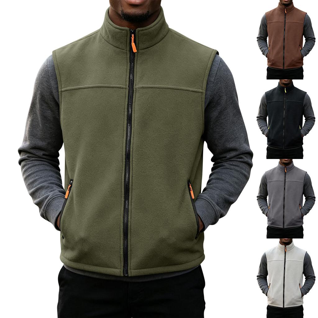 Men's Warm Casual Vest with Stand Collar and Zipper Pockets for Fall and Winter