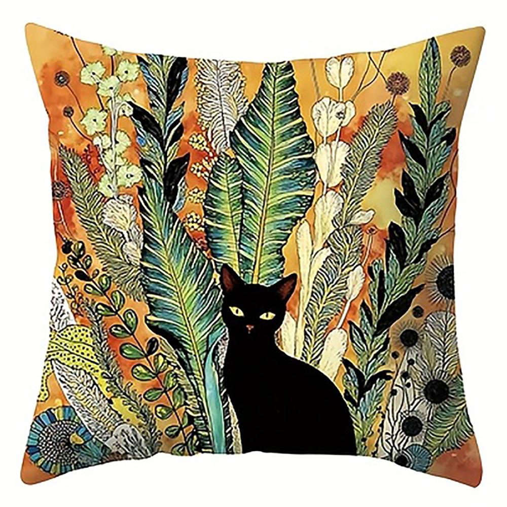 1/4pcs Black Cat & Floral Leaf Print Pillowcases Sofa cushion cover home bedroom room decoration