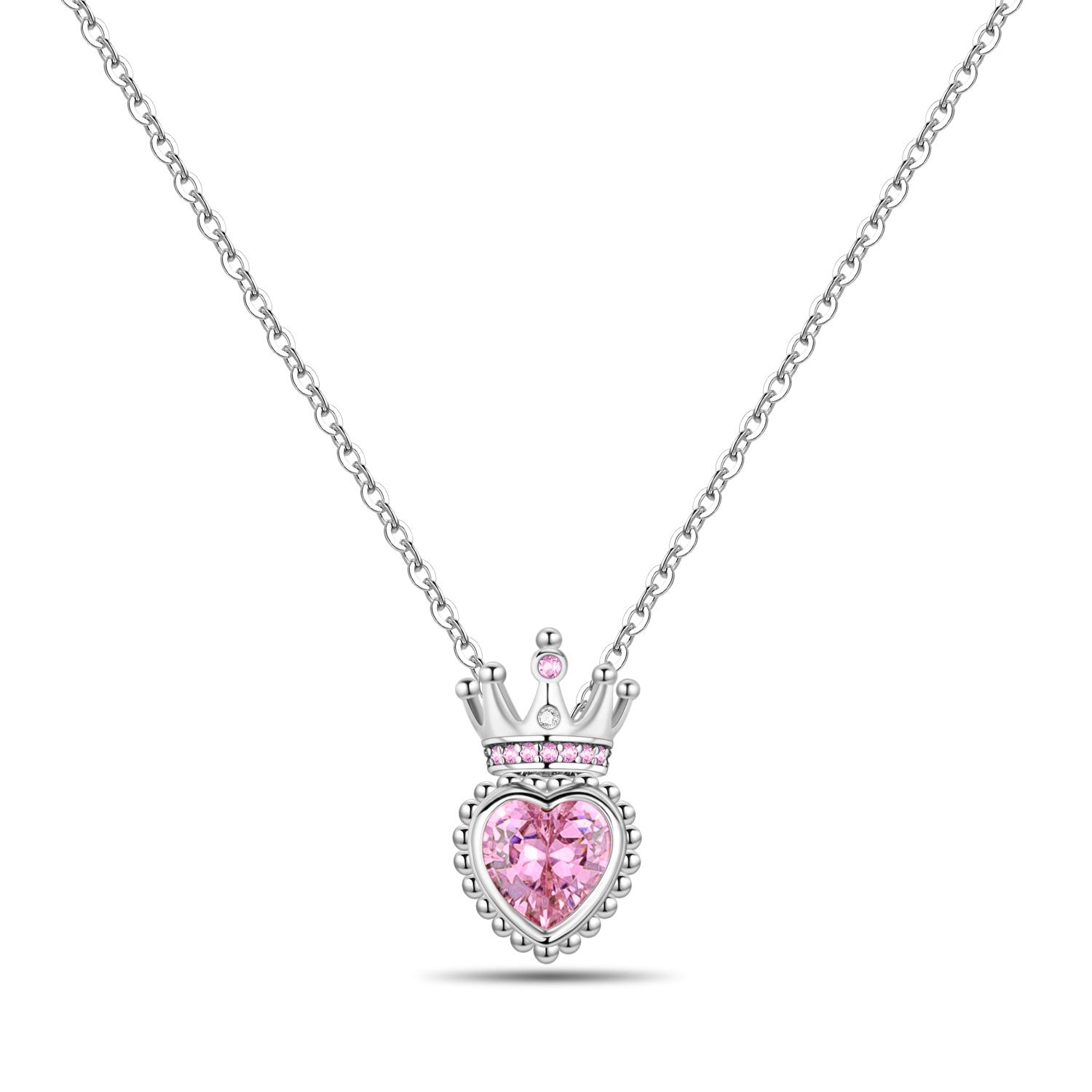 925 Silver Pink Crown Heart Pendant Necklace for Women Birthday Gift Fine Jewelry
