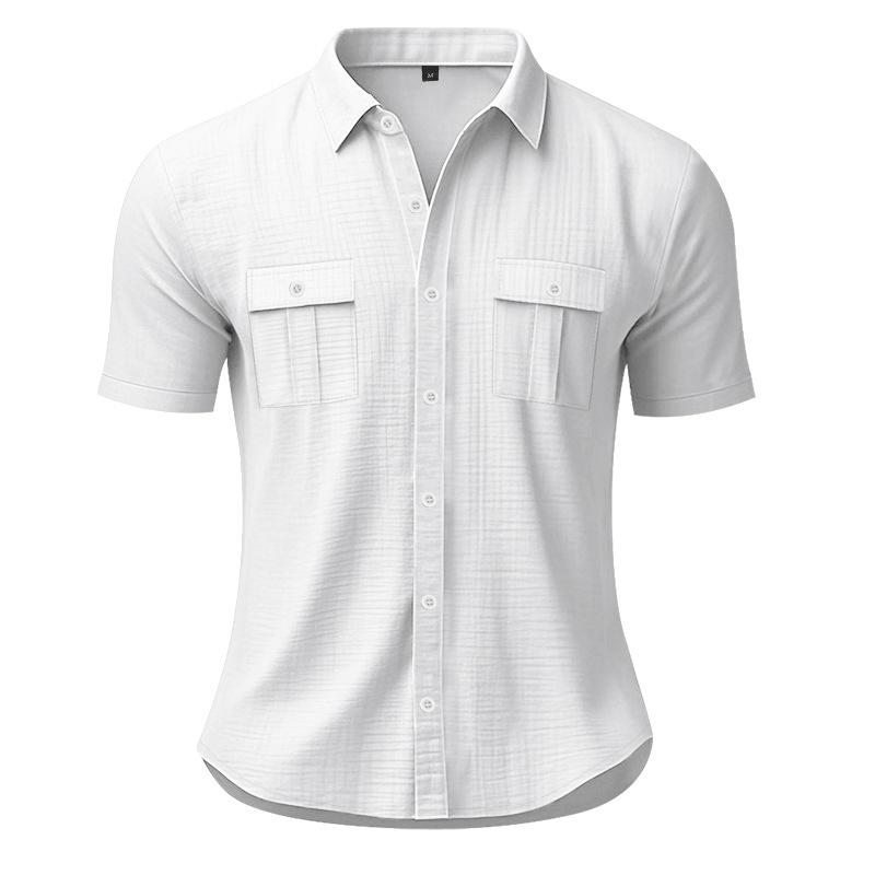Summer men's linen shirt solid color pocket loose lapel casual cardigan short-sleeved t-shirt