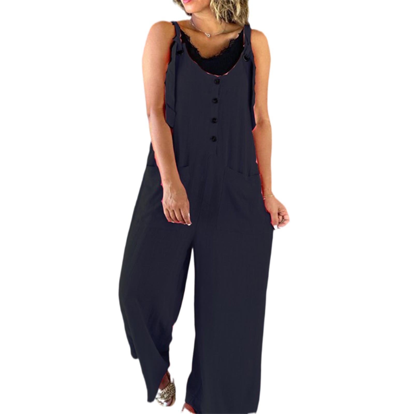 

Женский летний комбинезон из хлопка и конопли с большим карманом на пуговицах и завязками, регулируемый сплошной цвет L чёрный