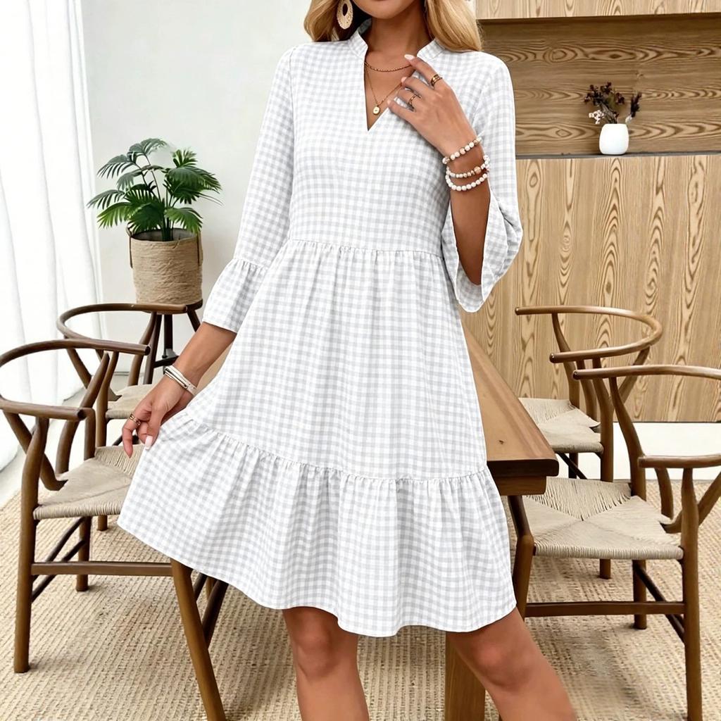 Women's V Neck Plaid Flared Sleeve Loose Fit Pullover Bohemian Vacation Dress Mid Length Casual Summer Dress
