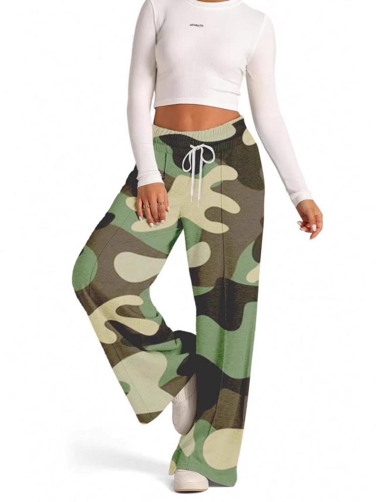 Damen Europäische & Amerikanische Camouflage Weitbeinige, Gerade Sportliche Freizeit-Hose