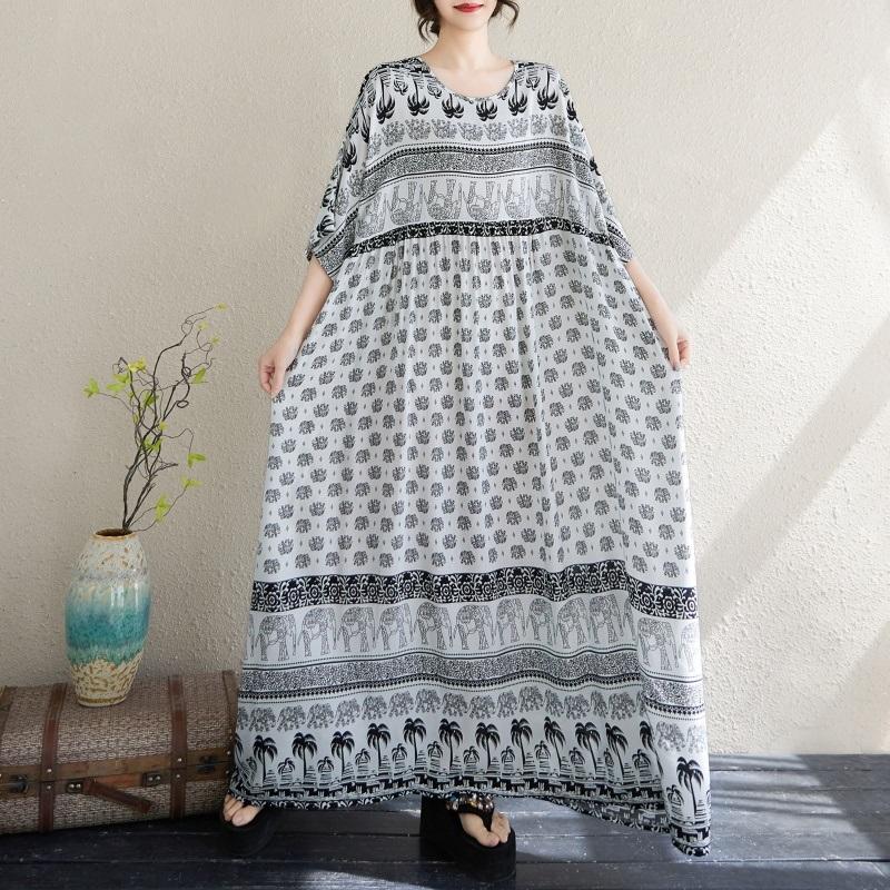 Kortermet Plus size bomull vintage floral nytt i kjoler for kvinner uformell løs lang sommerkjole