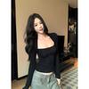 [40 Pcs Cotton 260g] Spice Girl Black Slim-fitting and Thin Square Neck T-shirt Women's Autumn Cardigan