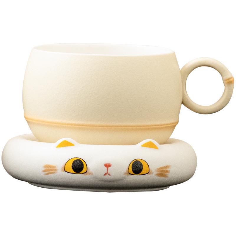 Cat-Themed Ceramic Coffee Mug & Saucer Set for Women