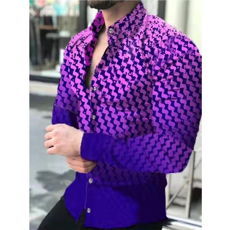 2026 Europa e Estados Unidos Nova Primavera Camisa Masculina de Manga Longa Camisa Plus Size Gradiente Slim Estampa Geométrica Camisa Casual