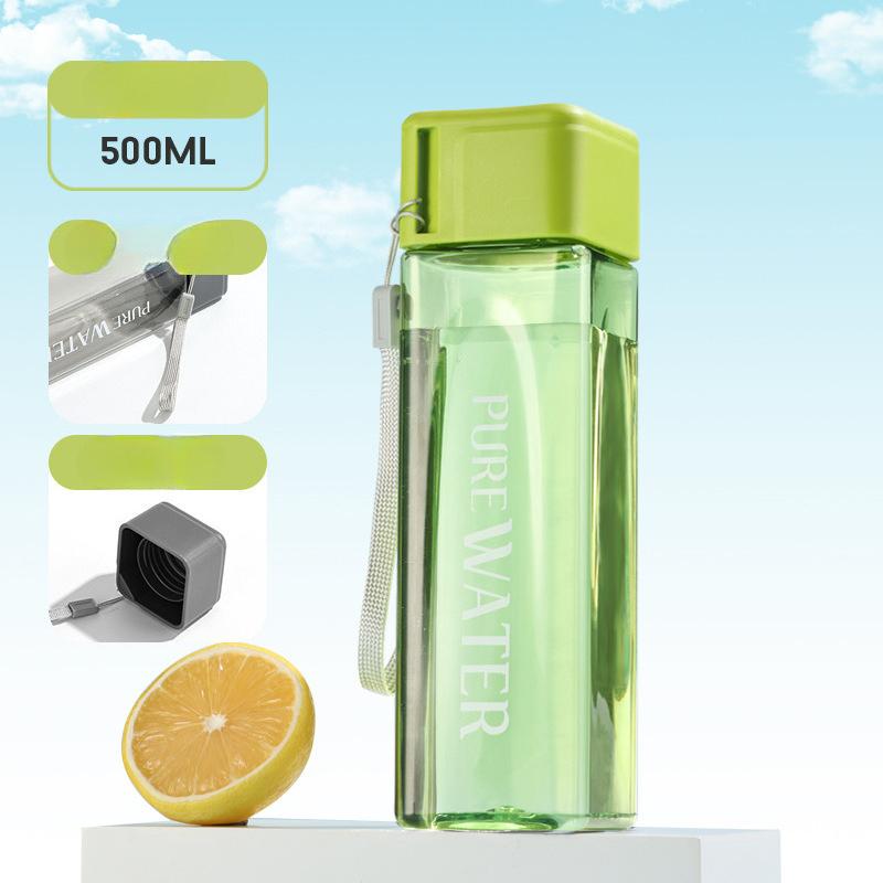 500ml Large Capacity Square Shape PC Plastic Water Bottle With Carrying Rope Portable Straight Drink Cup For Office Outdoor Gym