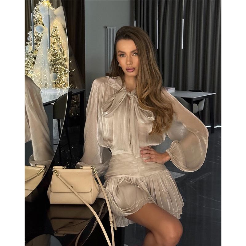 European And American Style Ladies Short Skirt New Bow Tie Up Skirt Skirt High Waist Pleated Casual Suit