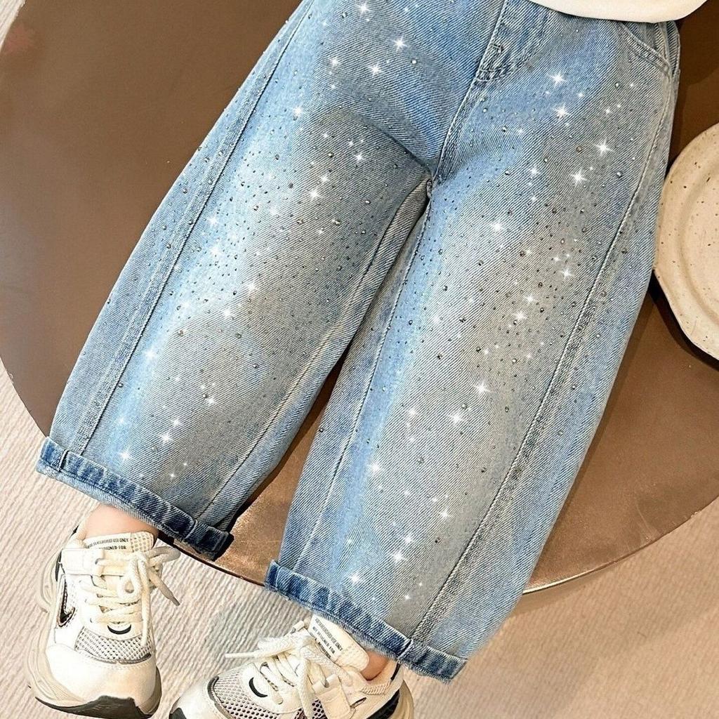 Spring Autumn Kids Girl Jeans Loose Casual Kids Denim Pants with Embellishments Children Girls Shiny Trousers