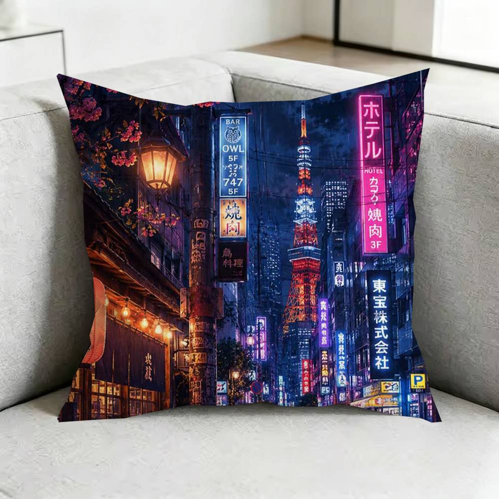 Japanese Town Mount Fuji Square Double-Sided printed Pillow Case Bedroom Bedside Pillow Sofa Cushion Cover Gift