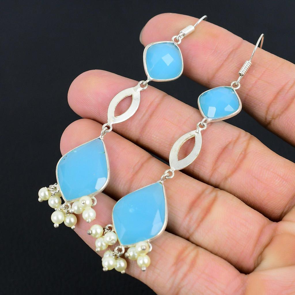 Sterling Silver Aqua Chalcedony Stone Dangling Wife Ethnic Hook Earrings Jewelry