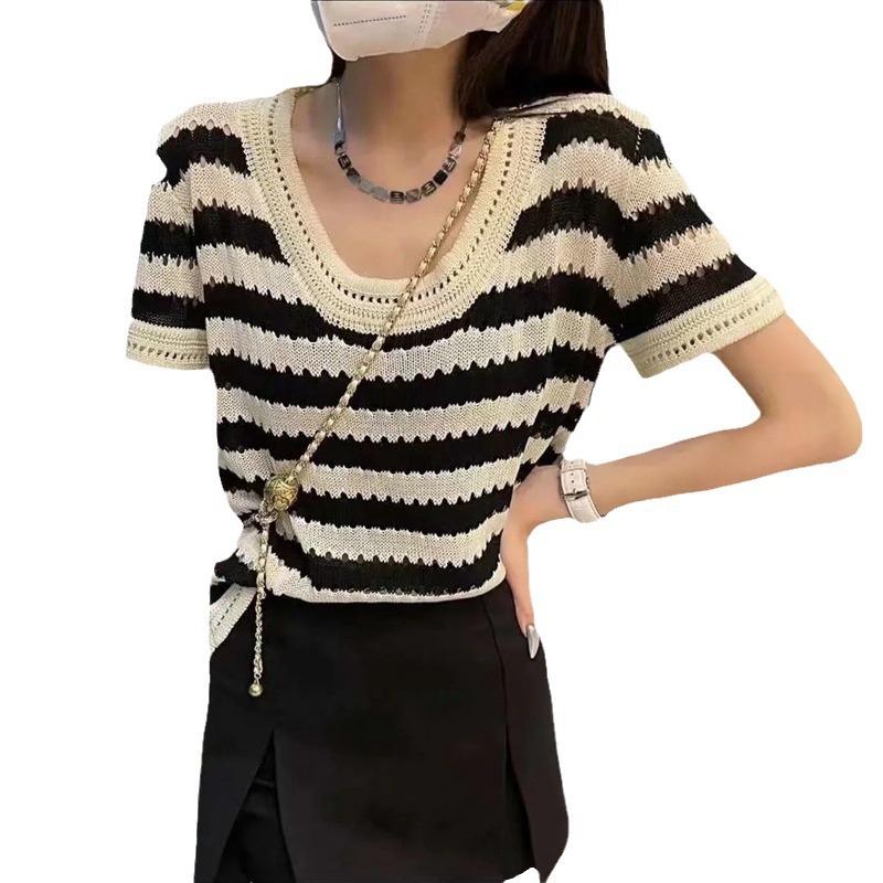 Striped Short Sleeve Shirt Women Summer Thin Design Sense Short Knit Top Tide Casual Summer Essential Comfort and Style Slim Fit Pullovers Tees