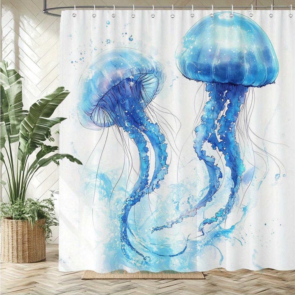 Watercolor Jellyfish Shower Curtain – 2 Blue Translucent Medusae, 2D Flat, 12 Hooks, 70.8×70.8 In, Polyester, Machine Washable