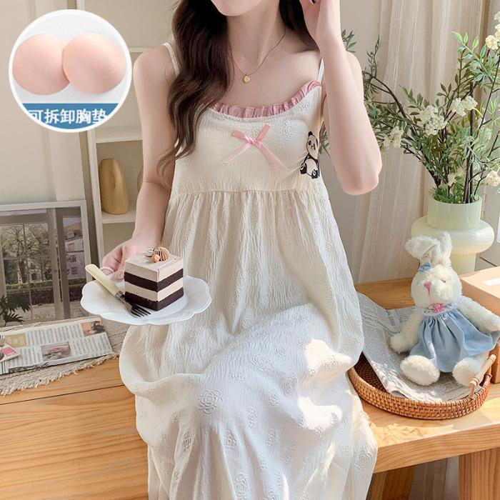 Summer New Woven Embossed Cloud Cotton Suspender Nightdress Women with Chest Pad Girl Loose Large Size Loungewear Long Dress