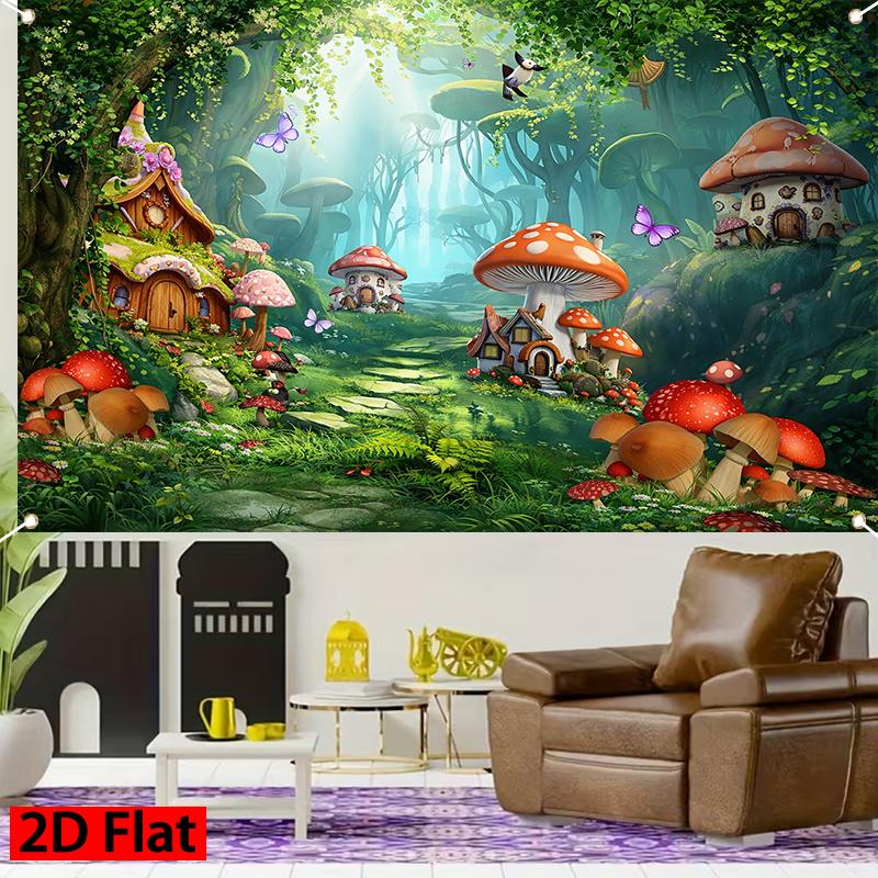 2D Plane 1 Piece of Fantasy Mushroom Village Magic Forest-themed Background Banner