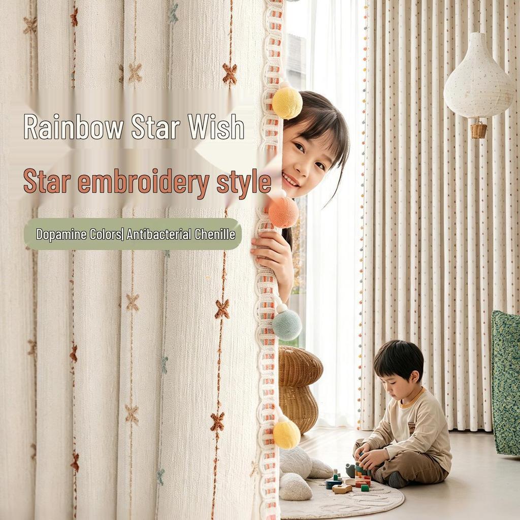 Tende Oscuranti per Bambini - Stile 2026 Crema Stella Arcobaleno Chenille per Camera da Letto