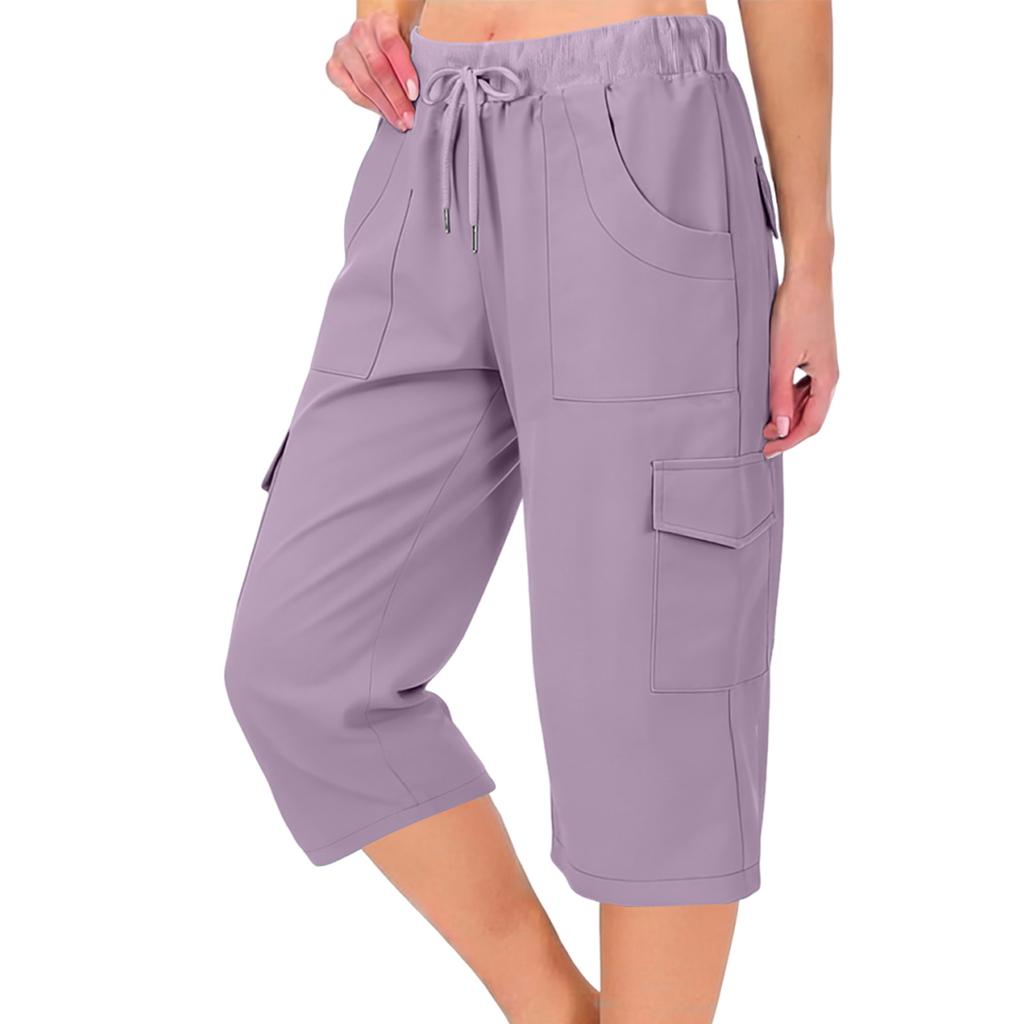 Women's Cotton Cargo Pants, Baggy Casual Lightweight Elastic Waist Trousers With Pockets For Hiking And Everyday Wear
