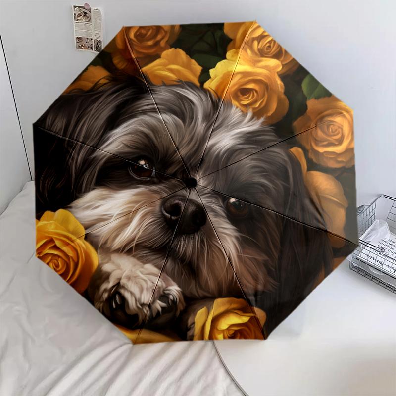 Muster mit Shih Tzu und Blumen, automatisch faltbarer Regenschirm, tragbares und faltbares Design, 8 Schirmstäbe, ein Weihnachts- oder Geburtstagsgeschenk.
