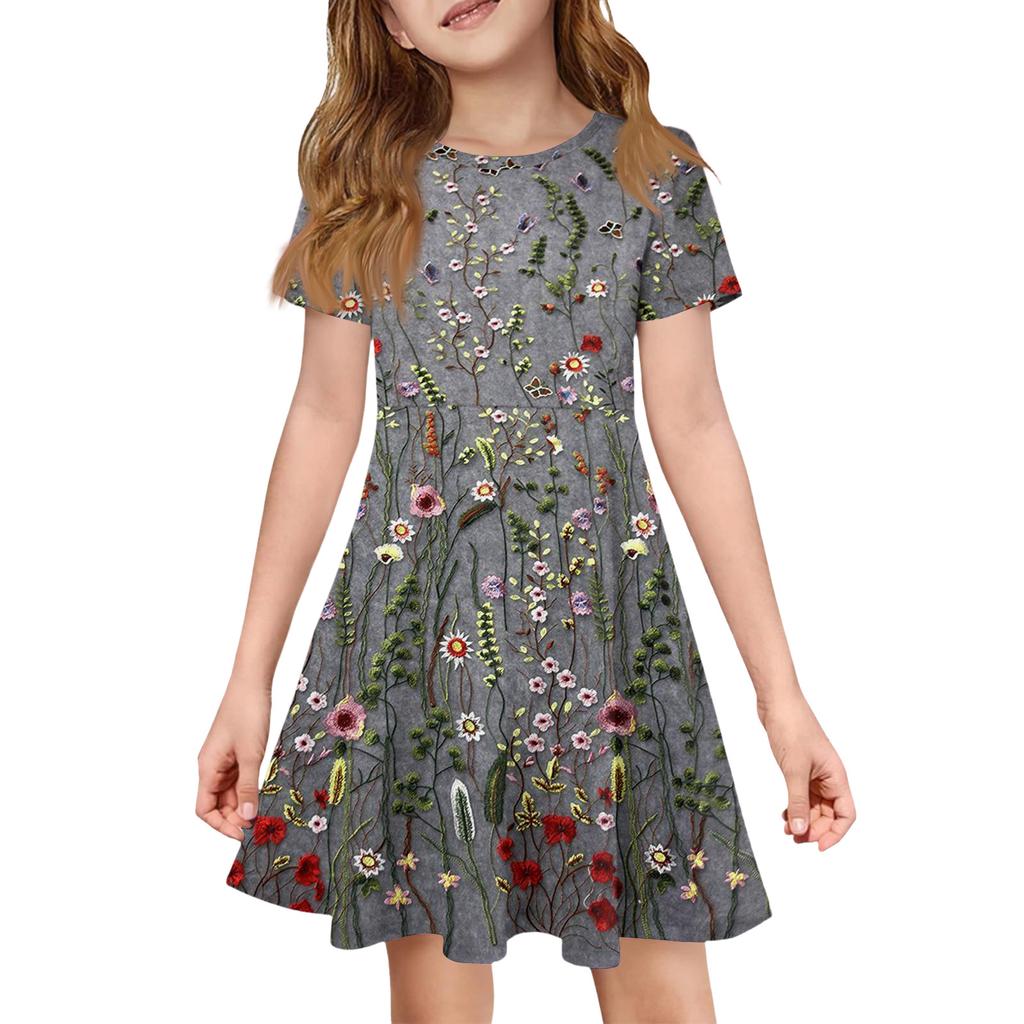 Girl Summer Dress Color & Print Short Sleeve Dress With Pocket Casual Dress Shorts Sleeve Party Dress Easter Day