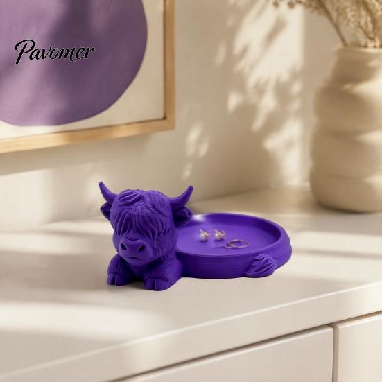 Decorative Trinket Tray Highland Cow Jewelry Storage Tray, Round 3D Printed Desktop Creative Bedroom Organizer, Tabletop Container for Rings Earrings