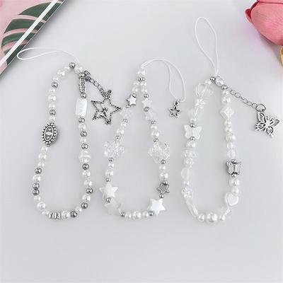 Silver Butterfly Pendant Beaded Mobile Phone Chain  Cellphone Case Hanging Rope Women Telephone Phone Lanyard Jewelry