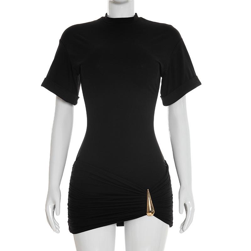 European & American 2026 Spring/Summer Women's Solid Color Casual Dress with Half-High Collar & Metal Decoration
