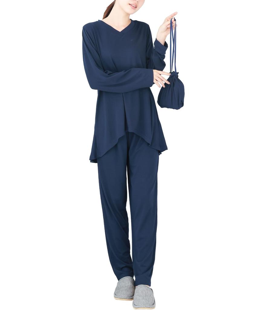 ON NISHIKI Travel Pajamas with Long Stretch Covered Top and Pants Loungewear Women's Pouch, Compact, Sleeves, Fabric, Wrinkle-Resistant, Bottoms, Set,