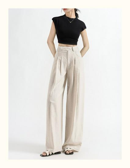 Women's High-Waisted Wide-Leg Linen Pants - Summer 2026 Collection, Loose Fit, Tencel Cotton Blend, Floor-Length