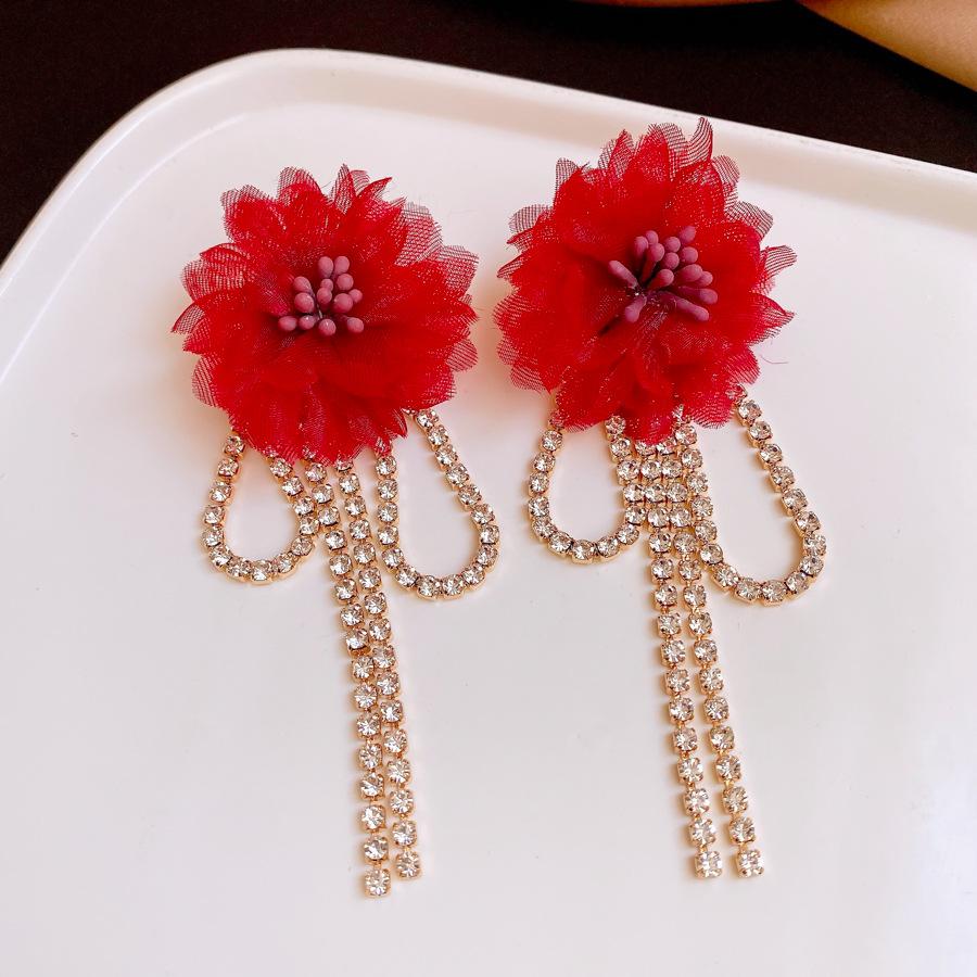 

European and American diamond-encrusted chiffon flower fringed earrings, earrings, fashionable exaggerated earrings, women