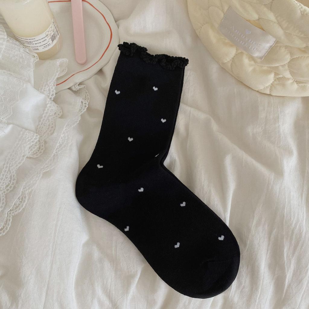 Ladies Autumn and Winter Leisure Simple All Purpose Pure Cotton Pure Color Love Hemp Lace in The Tube Pile Socks