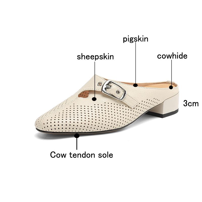 Fashion Women's New Genuine Leather Sheepskin Hollow Hole Metal Belt Buckle, Mid Heel Large Toe, Breathable M Ü Ller Slippers