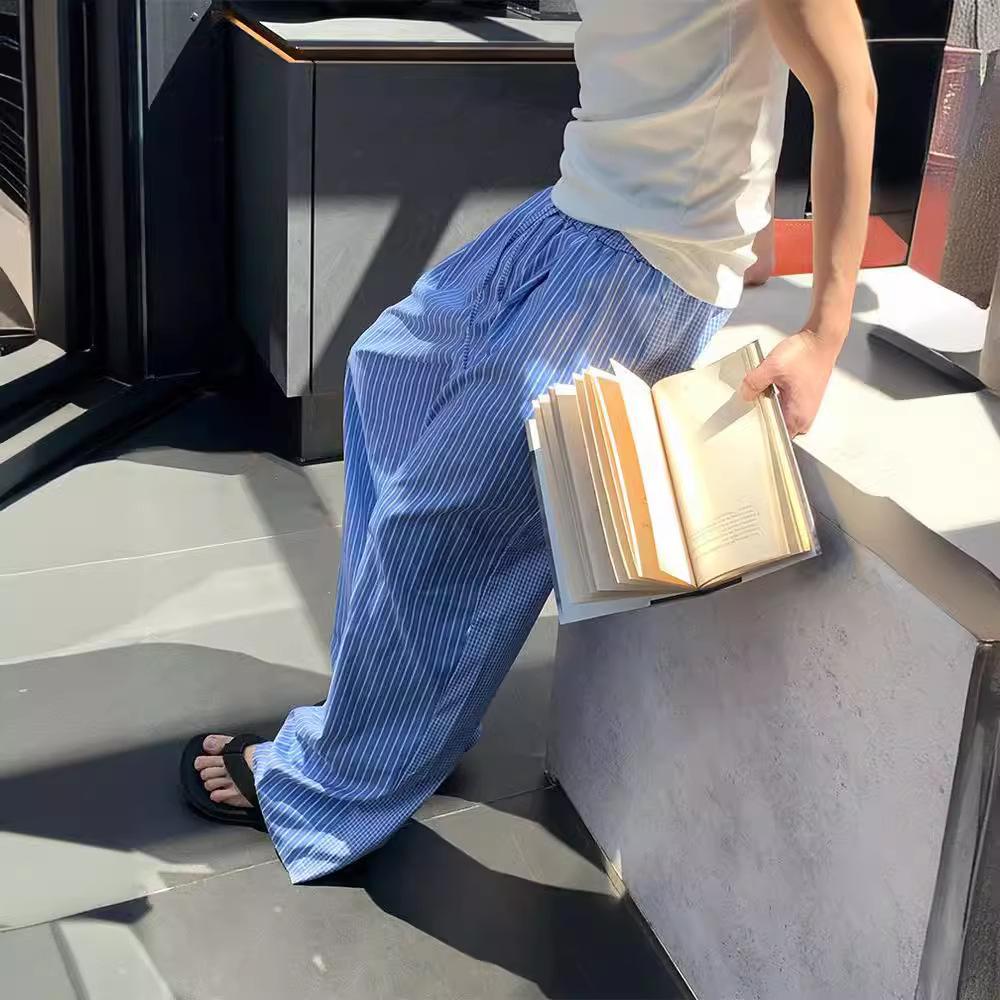 

Ретро Тонкие Брюки Клеш в Вертикальную Полоску Повседневные Свободные Брюки-Швабры Универсальные Прямые Брюки Тренд L синий