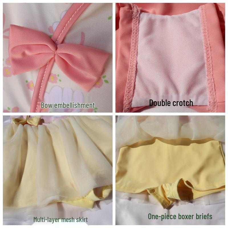 Korean Style Girls' Floral Strappy One-Piece Swimsuit with Bowknot and Gauze Skirt