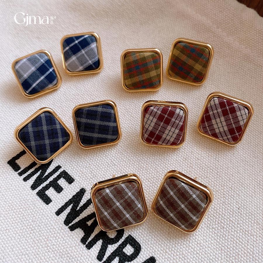 Silver Needle Retro Hong Kong Style Square Fabric Plaid Earrings Earrings Autumn and Winter Personality Earrings Women