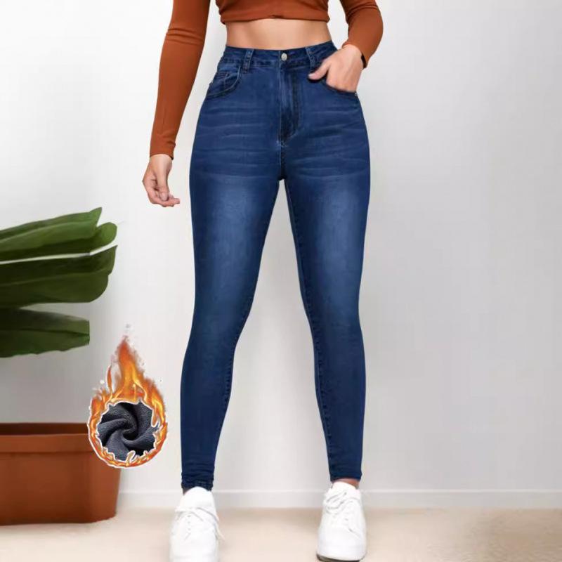 

Women s High Waisted Fleece Lined Skinny Jeans Autumn Winter Warm Stretchy Slim Fit Fashion Full Length Denim Trousers XXL синій