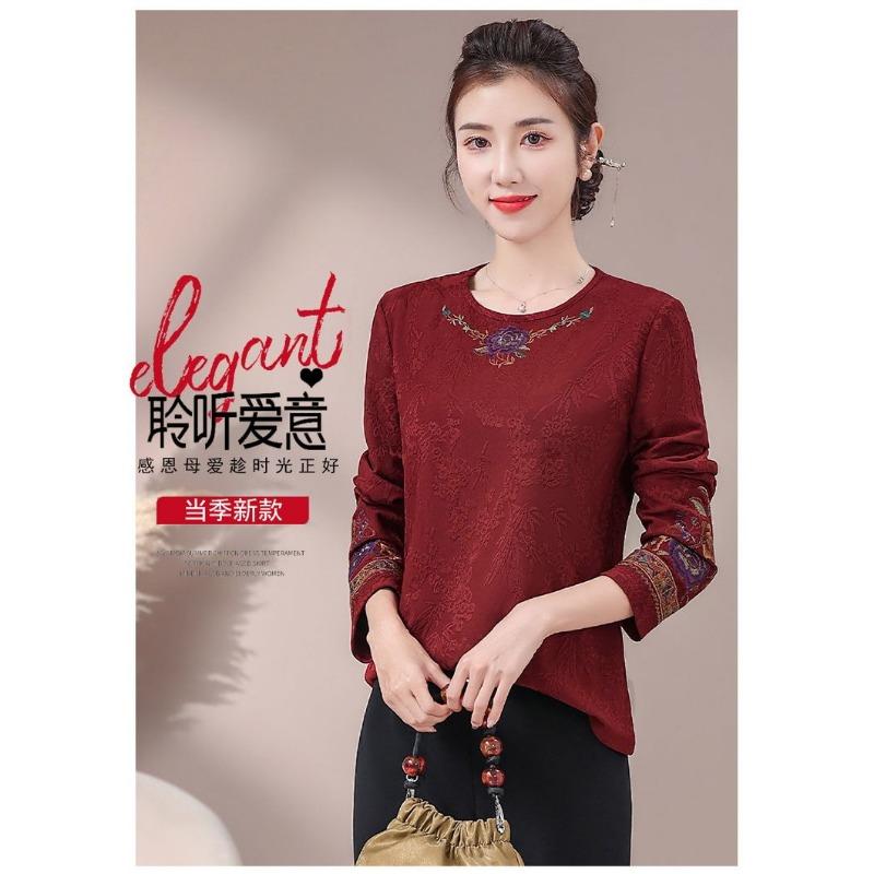 Autumn Winter Bottoming Shirt Plus Velvet Retro Embroidered Ethnic Style T-shirt, Round Neck Versatile and Elegant Top for Women