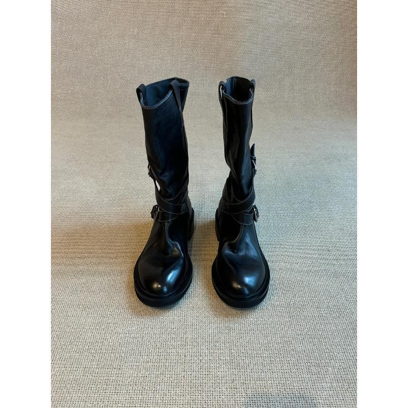 Cowhide Version~ Retro Belt Buckle Mid Boots Western Cowboy Boots Slim Thick-soled Fried Street Boots Female Knight Boots