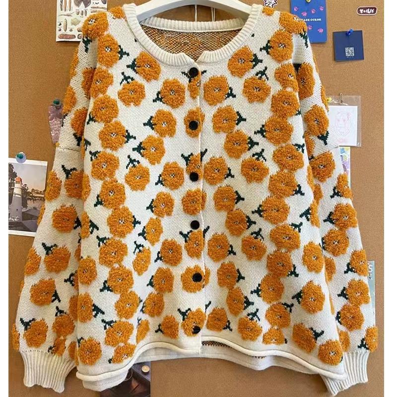 DIMANAF 2025 Big Size Flower Sweaters Cardigan Autumn Women Print O-Neck Sweaters Knitting Loose Sweater