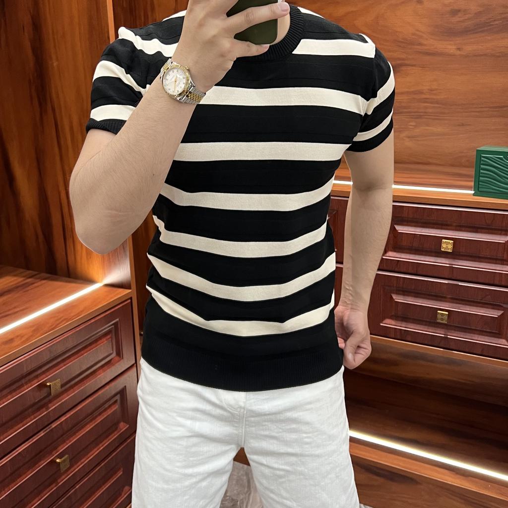 Summer Breathable Versatile Short Sleeve Slim Fit T-Shirt Casual Textured Thick Stripe Trendy Men's Knitwear