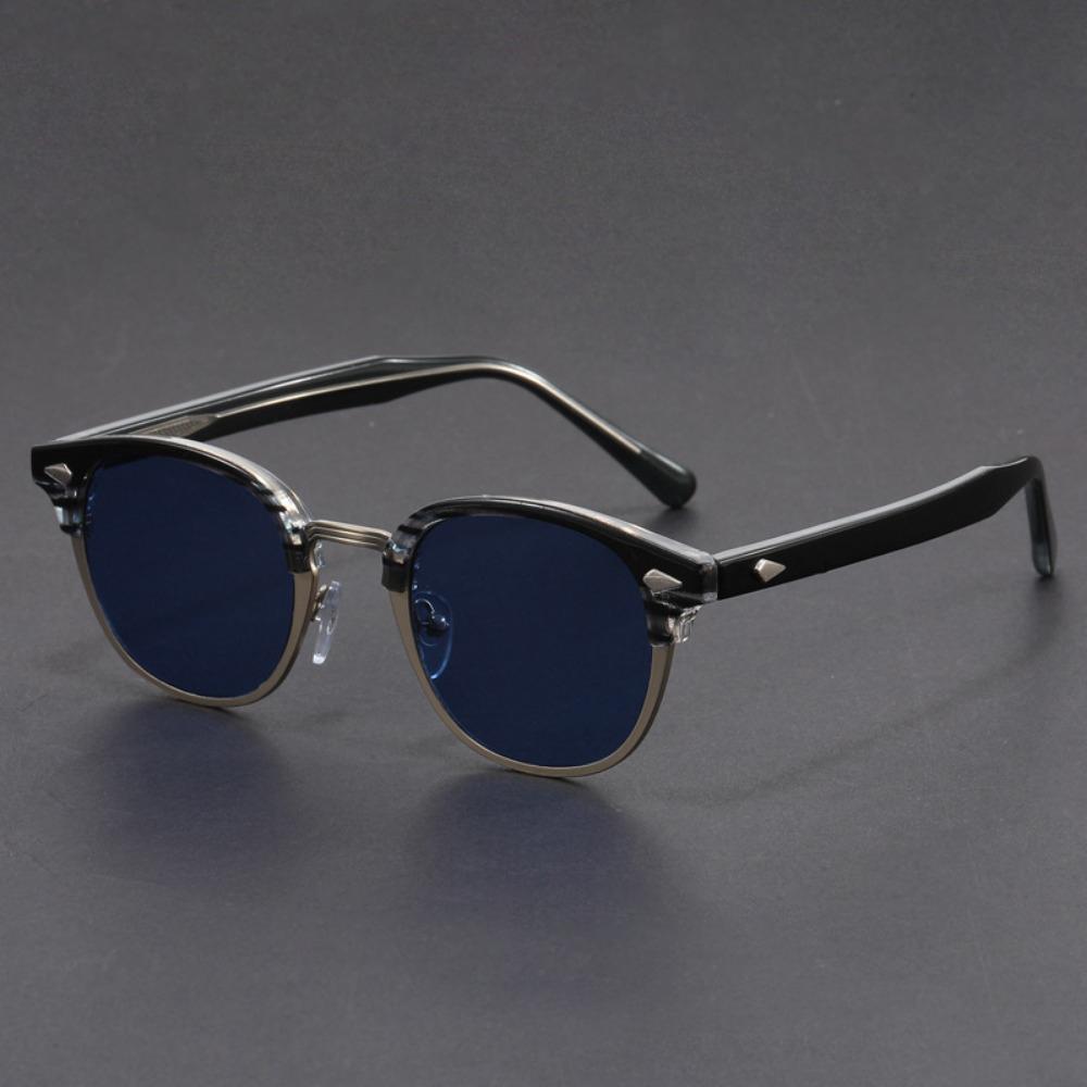 Lunettes de soleil classiques à monture demi-cerclée pour hommes femmes Rétro Rivet Petites lunettes Noir Anti-reflets Lunettes de voyage