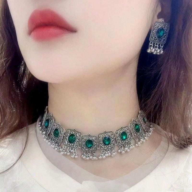 2025 New Design Vintage Ethnic Style  Set Indian Dubai Colorful Necklace Earring  Sets Suitable For Bridal Wedding