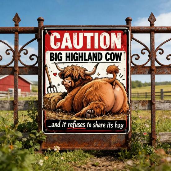 Vintage Farmhouse Highland Cow Tin Sign Funny Warning Metal Sign Rustic Retro Wall Art Decor for Farm Kitchen Home Indoor Outdoor