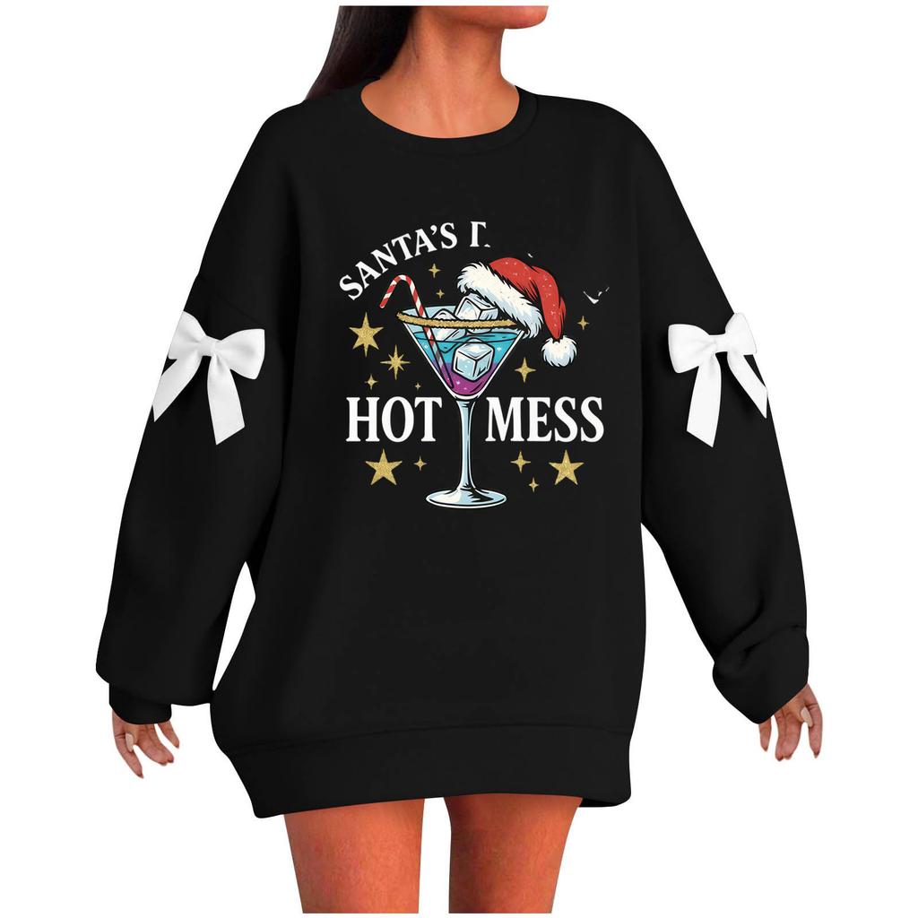 Ladies' Christmas Printed Bow Round Neck Long Sleeved Loose Pullover Sweater Sweatshirt Top