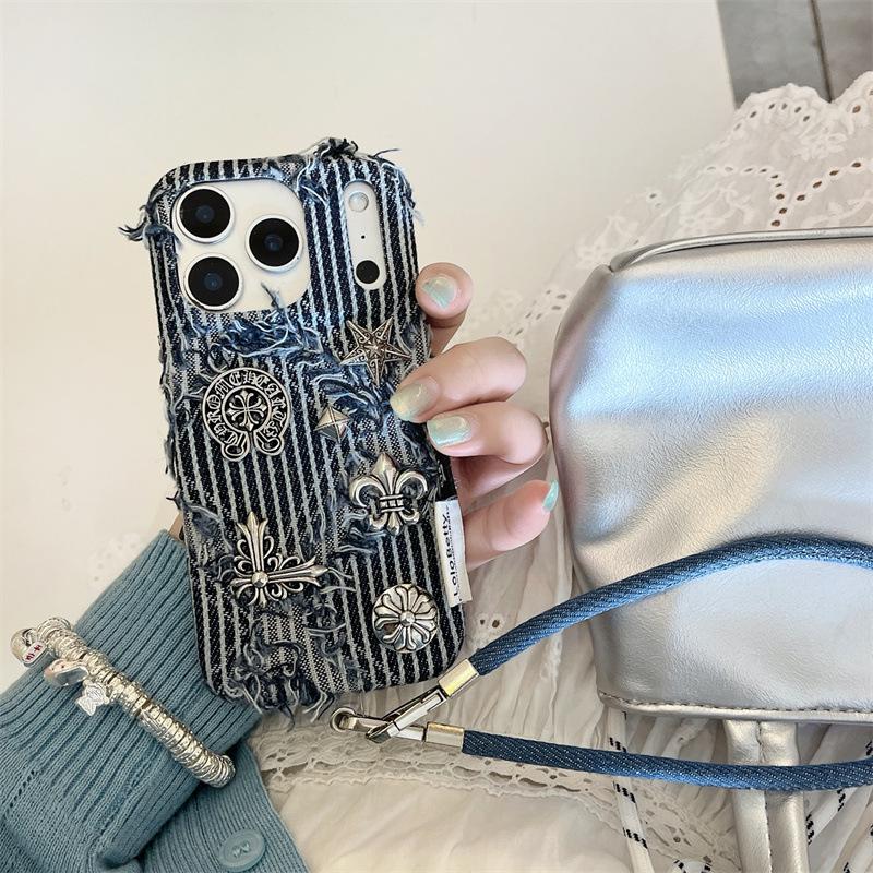 Punk Gestreifte Denim Hülle für iPhone 17/16 Pro Max/15/14 - Einzigartiger Stil