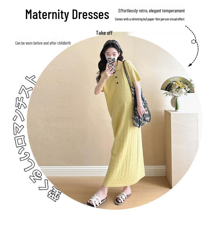 Korean Style Maternity Knit Dress with Embroidery & Pleats for Summer 2026