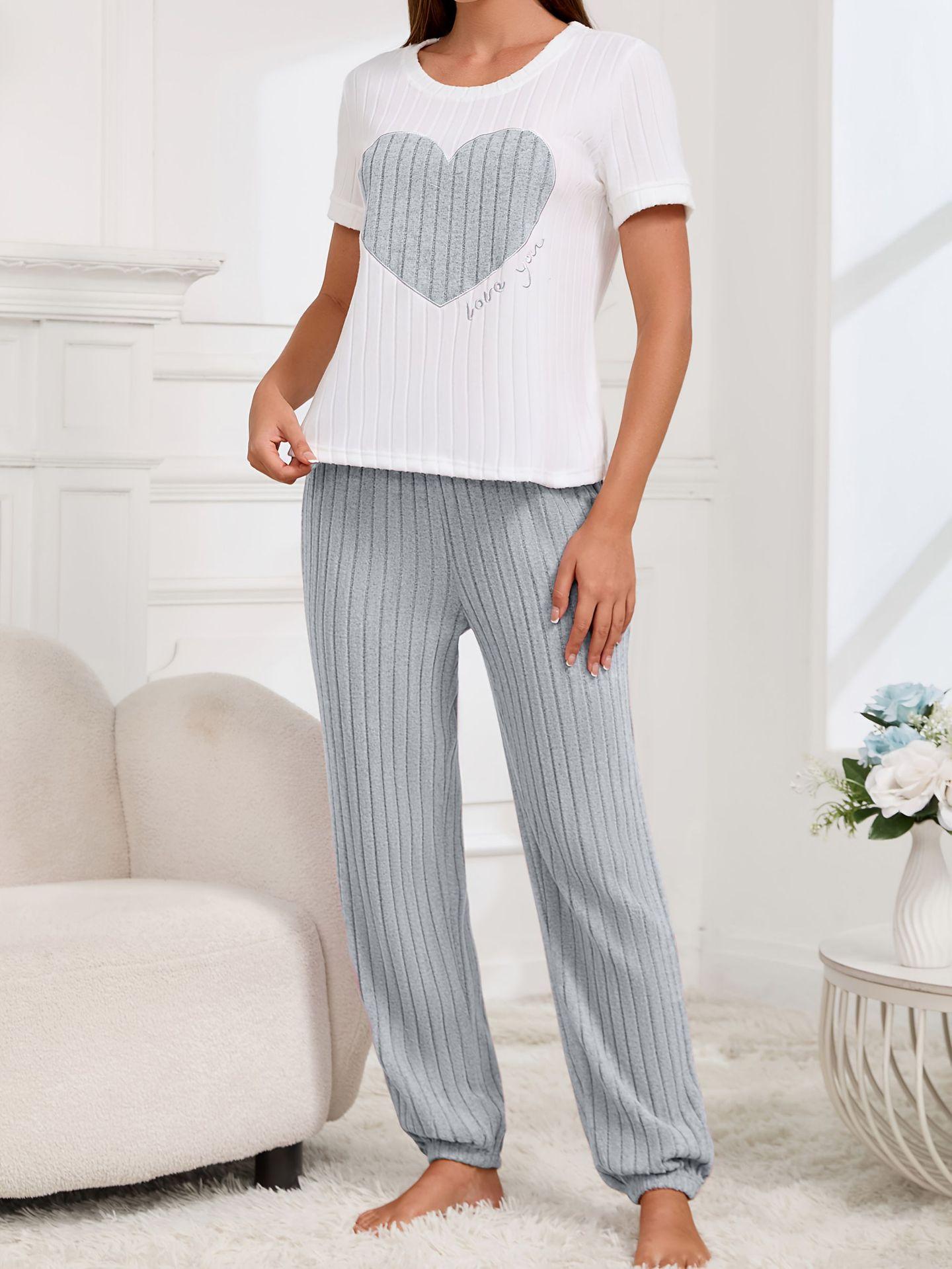 

Women’s Spring Autumn Sweet Heart Print Pajama Set Short Sleeve Round Neck Top and Long Pants 2 Piece Comfortable Loungewear XL сірий колір