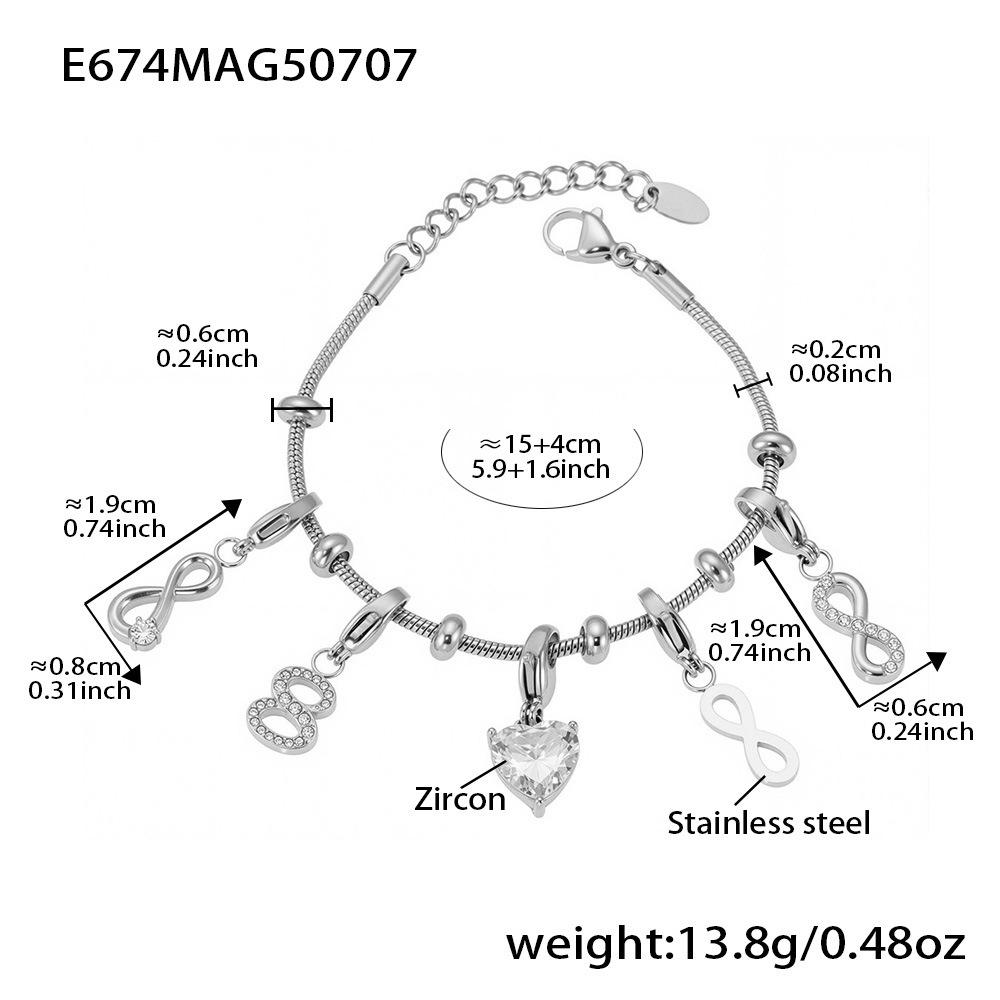 Qiong Yao 5A Heart Zirconia 8-Shaped Pendant DIY Stainless Steel Bracelet