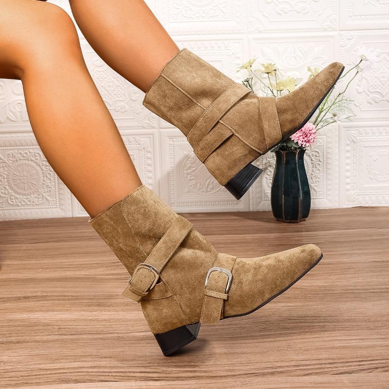 Fashion Suede Short-thigh Boots Autumn New Women's Fashion Round Toe Metal Buckle Cover Foot Non-slip Wear-resistant Block Heel Boots